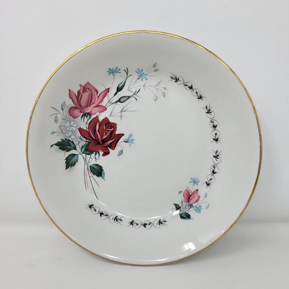 Ridgway Staffordshire England Rose Floral Bowl Gold Trim 7‎ Inch Vintage